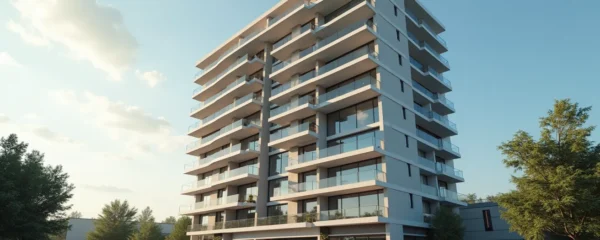 Photographie réaliste d'un immeuble en copropriété moderne sous un éclairage cinématographique naturel, avec une composition épurée utilisant la règle des tiers, espace négatif clair autour du bâtiment