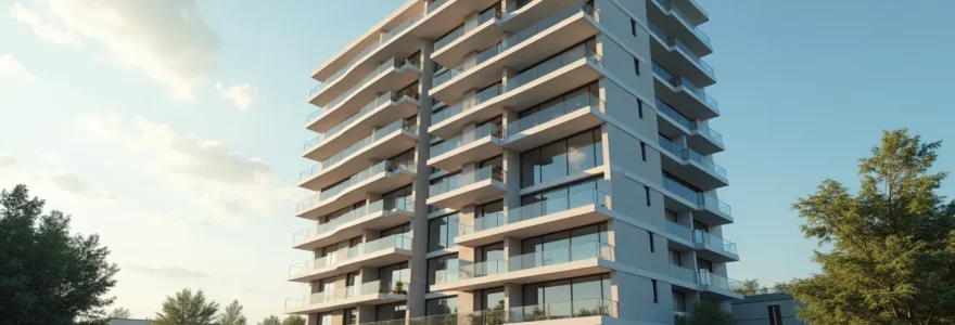 Photographie réaliste d'un immeuble en copropriété moderne sous un éclairage cinématographique naturel, avec une composition épurée utilisant la règle des tiers, espace négatif clair autour du bâtiment