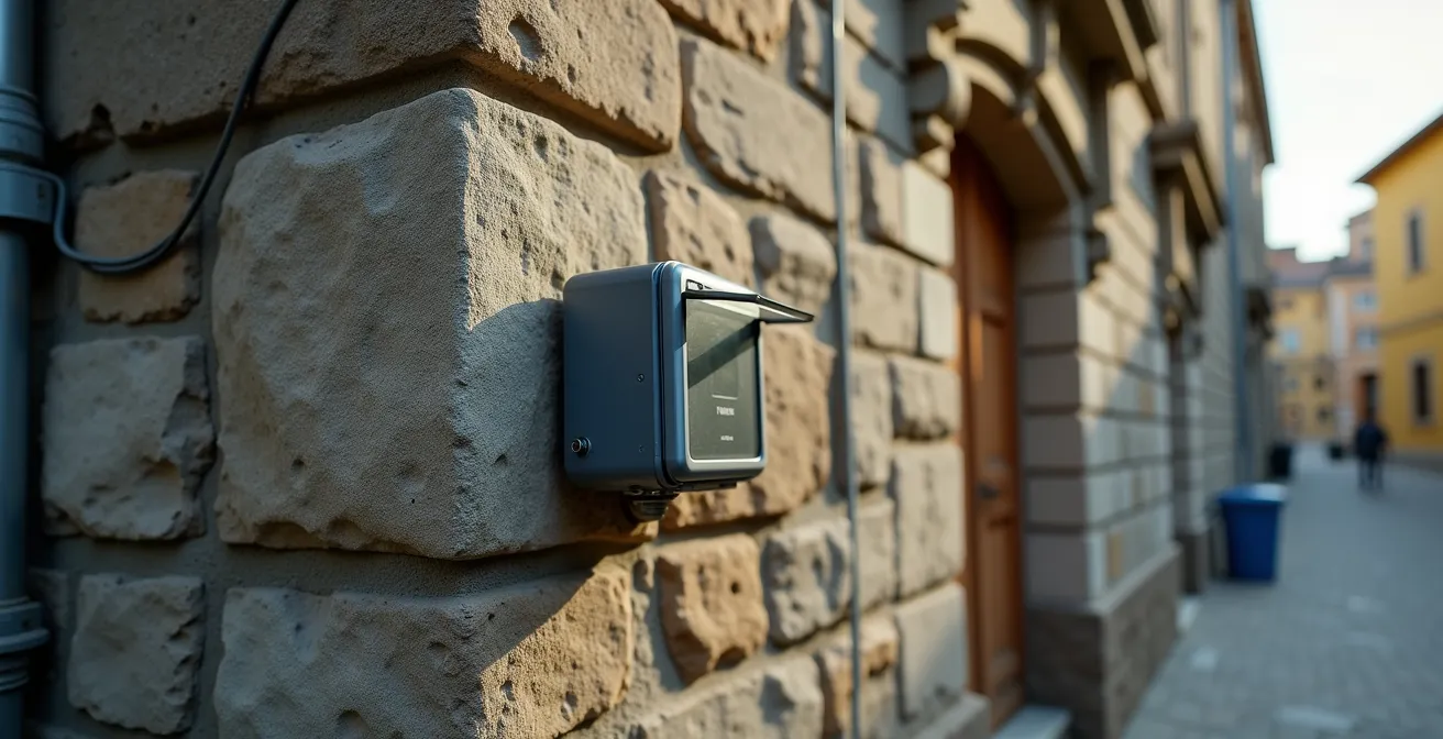 Gros plan photographique d’un mur ancien avec détails des matériaux et d’équipements techniques intégrés