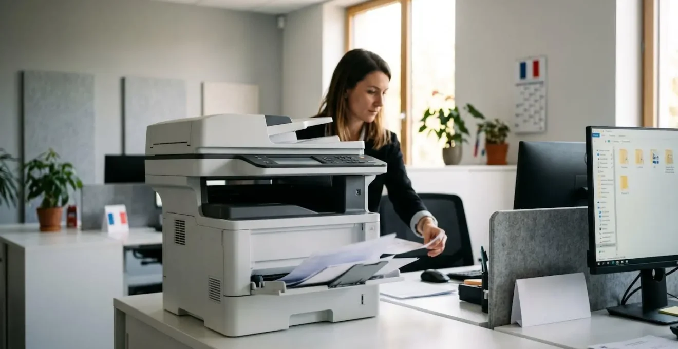 Bureau administratif moderne avec imprimante multifonction professionnelle au premier plan, collaboratrice récupérant des documents numérisés, écran d'ordinateur affichant une arborescence de dossiers organisée, lumière naturelle