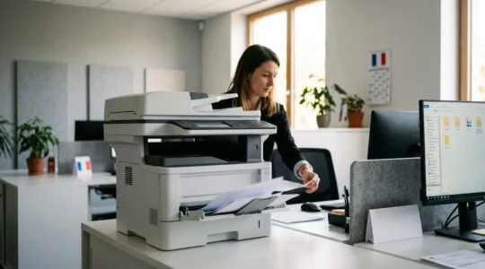 Bureau administratif moderne avec imprimante multifonction professionnelle au premier plan, collaboratrice récupérant des documents numérisés, écran d'ordinateur affichant une arborescence de dossiers organisée, lumière naturelle
