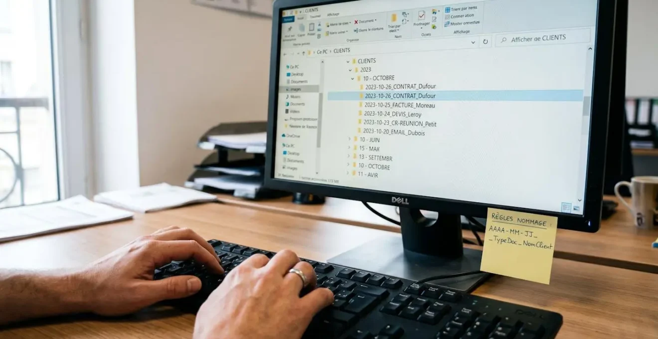 Écran d'ordinateur affichant explorateur Windows avec arborescence de dossiers structurée selon convention de nommage française, mains sur clavier, post-it avec règles de nommage