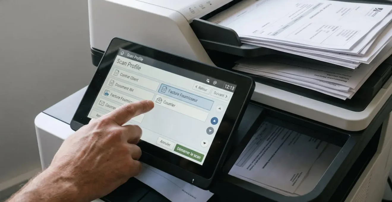 Gros plan sur écran tactile d'imprimante multifonction affichant menu de profils de numérisation en français, main sélectionnant un profil, pile de documents à scanner sur le côté
