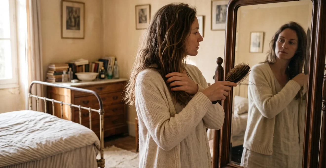 Une femme se brosse les cheveux devant un miroir, quelques mèches prises dans la brosse.