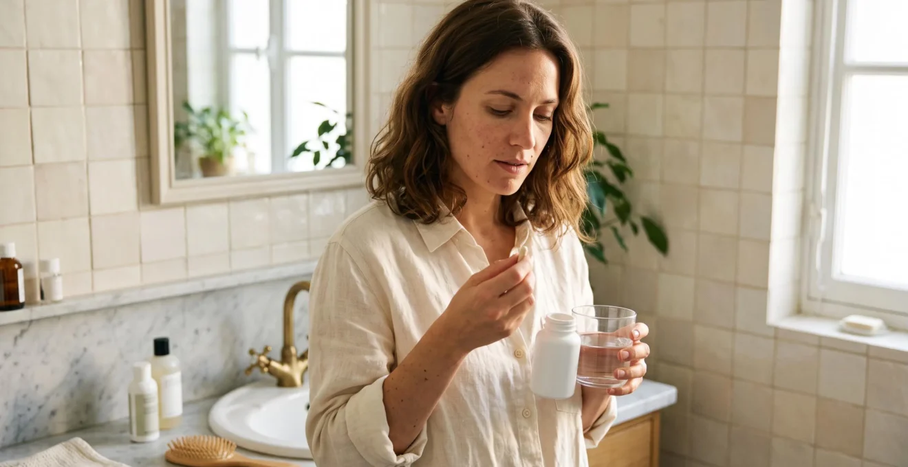Une femme prend une gélule de complément avec un verre d'eau dans une salle de bain lumineuse.