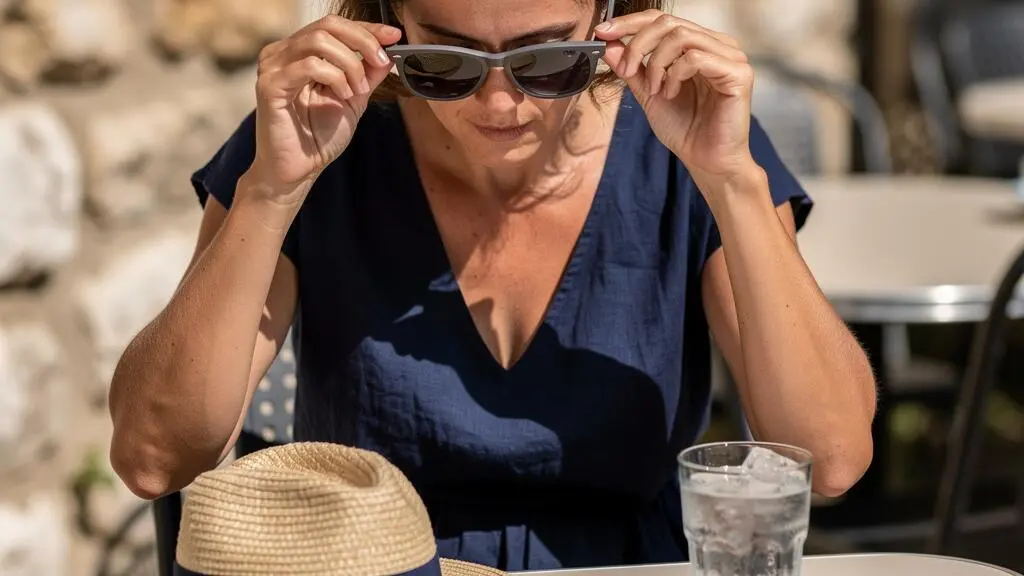 Une femme en robe bleu marine essaie une lunette de soleil à verres gris en terrasse.