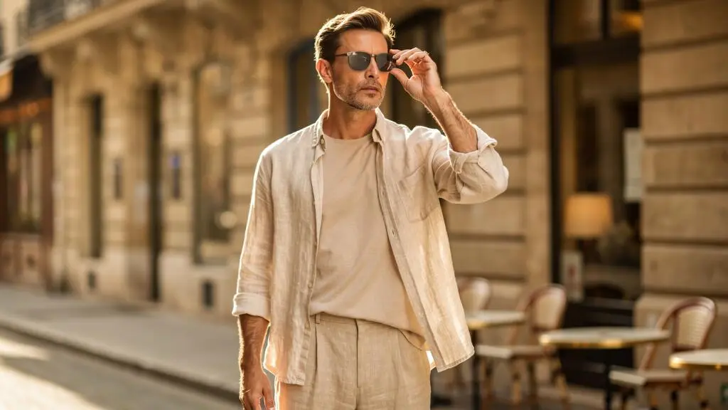 Un homme porte une lunette de soleil grise avec une tenue d'été claire en ville.