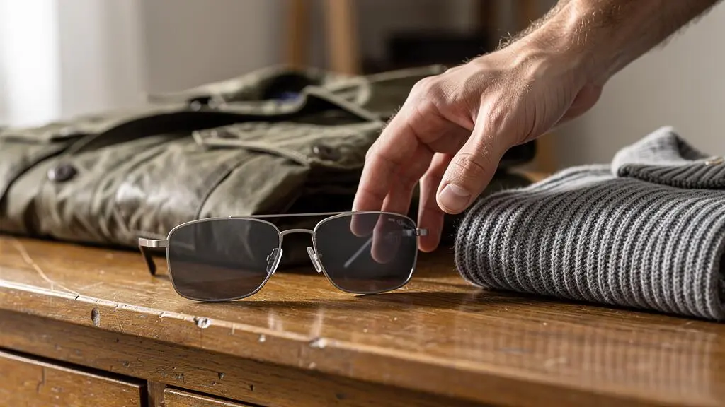 Une main saisit une lunette à verres gris posée sur une commode en bois.
