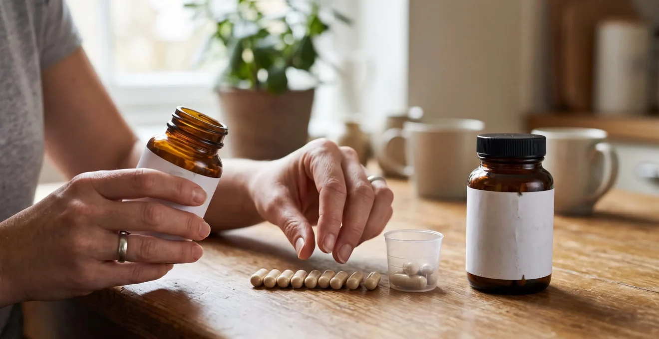 Des mains comparent deux piluliers de compléments posés sur une table en bois.