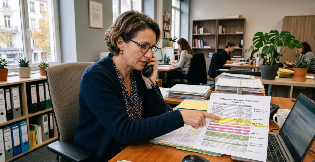 Une responsable crédit ajuste sa liste de clients segmentée avant de relancer chaque débiteur par téléphone.